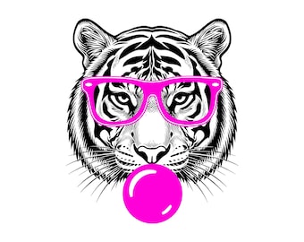 Cool Tiger With Glasses And Bubble Vector Illustration, SVG, PNG, JPG, Tiger Art, Tiger Clipart, Tiger Silhouette, Cool Animal Design, Tiger