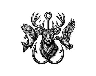 Deer Duck Fish Hook Vector Illustration: Hunting Fishing SVG PNG JPG