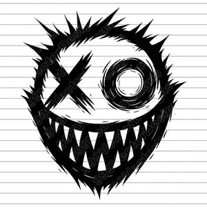 Ilustración vectorial de cara sonriente malvada (SVG, PNG, JPG), cara sonriente, clipart de cara malvada, silueta de cara sonriente, emoticono espeluznante, diseño de terror