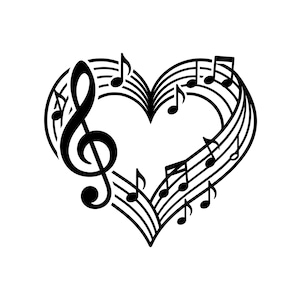 Könnte beinhalten: Schwarz-weiße Grafik eines Herzens, das aus Noten und Notenlinien besteht. Ein Violinschlüssel befindet sich auf der linken Seite des Herzens. Das Design ist für Musikliebhaber und Musiker geeignet.