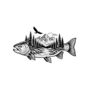 Forelle mit Bergen Vektor-Illustration, SVG, PNG, JPG, Forelle, Angeln Clipart, Forelle Silhouette, Bergfisch Design, Adventure Art