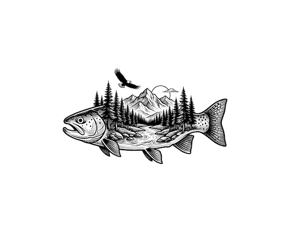 Trout Fish with Mountains Vector Illustration, SVG, PNG, JPG, Trout, Fishing Clipart, Trout Silhouette, Mountain Fish Design, Adventure Art