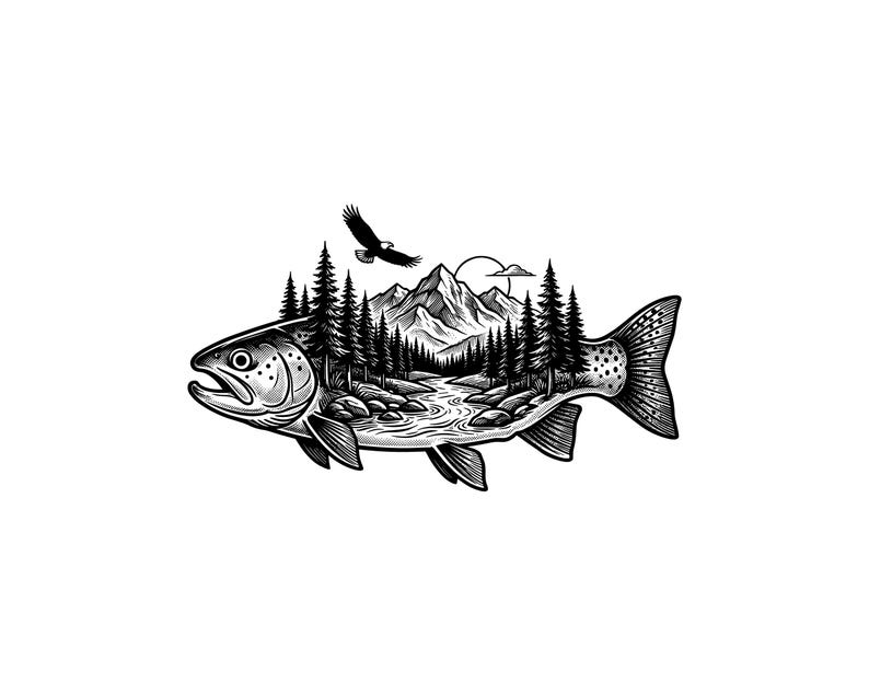Trout Fish with Mountains Vector Illustration, SVG, PNG, JPG, Trout, Fishing Clipart, Trout Silhouette, Mountain Fish Design, Adventure Art