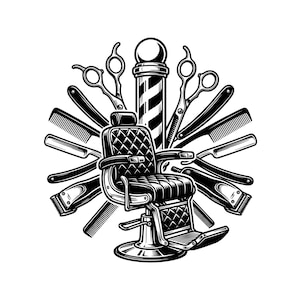 Vintage barberaremblem vektorillustration, SVG, PNG, JPG, barbersalong, hårklippning clipart, barberstolpe siluett, retro barberdesign, barberare