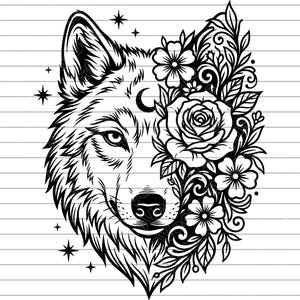 Pode incluir: Ilustração a preto e branco do rosto de um lobo, com o lado direito adornado com elementos florais, incluindo uma grande rosa e flores menores. Uma lua crescente está acima do olho do lobo, e estrelas estão espalhadas ao redor da cabeça.