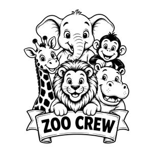 May include: A black and white graphic illustration featuring a cartoon elephant, giraffe, monkey, lion, and hippopotamus grouped together. Below the animals is a banner with the text ZOO CREW written in bold, capital, sans-serif letters.