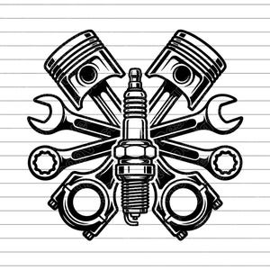 May include: Black and white illustration of automotive tools arranged in a symmetrical design. The image features two pistons, two wrenches, two connecting rods, and a spark plug, all set against a striped background.