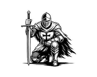 May include: A black and white illustration of a knight kneeling, holding a sword. The knight is clad in a helmet, armour, and a cape. A cross is visible on the knight's chest. The image is a detailed graphic representation of a medieval warrior.