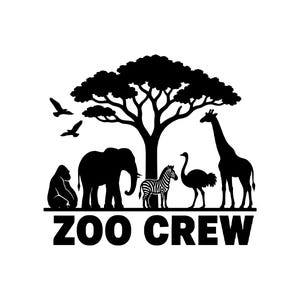 May include: Black and white illustration featuring a gorilla, elephant, zebra, ostrich, and giraffe under a tree, with birds flying above. The text "ZOO CREW" is at the bottom.
