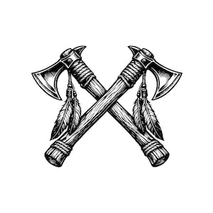 Two Crossed Tomahawk Axes Vector Illustration, SVG, PNG, JPG, Tomahawk Axe, Crossed Axes Clipart, Axe Silhouette, Weapon, Tribal Axe Design