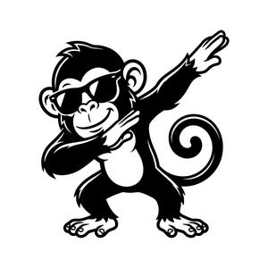 Könnte beinhalten: Eine schwarz-weiße grafische Illustration eines Affen mit Sonnenbrille. Der Affe ist in einer Dab-Pose dargestellt, wobei ein Arm nach oben gestreckt und der andere über die Brust gebeugt ist. Das Design zeichnet sich durch klare Linien aus.