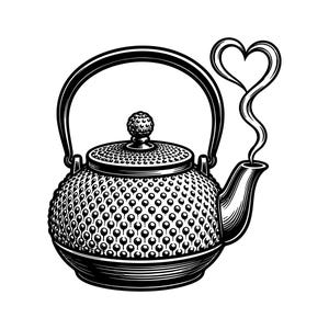 May include: A black and white line art illustration of a round cast iron teapot with a textured hobnail pattern on the body. The teapot features a curved handle, a lid with a knob, and steam rising from the spout in the shape of a heart.