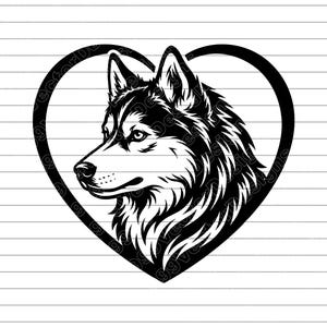 May include: A black and white illustration of a wolf's head in profile, framed by a heart shape. The wolf has detailed fur and is looking to the left. The design is on a striped background.