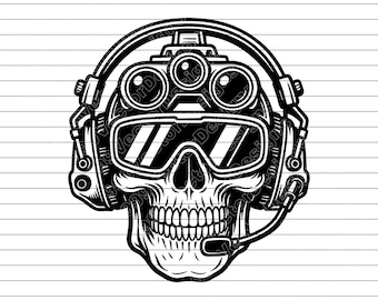 Tactical Skull with Night-Vision Helmet Vector Illustration, SVG, PNG, JPG, Skull, Skull Clipart, Military Skull Design, Tactical Helmet
