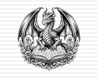 Dragon Reading Book Vector Illustration, SVG, PNG, JPG, Dragon Art, Dragon Clipart, Dragon Silhouette, Reading Dragon, Book Lover Design