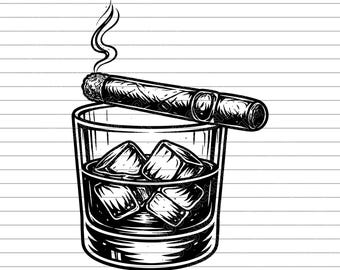 Whiskey Cigar Vector Illustration, SVG, PNG, JPG, Whiskey Glass, Cigar Clipart, Whiskey Silhouette, Bar Drink Design, Bourbon Glass, Cricut