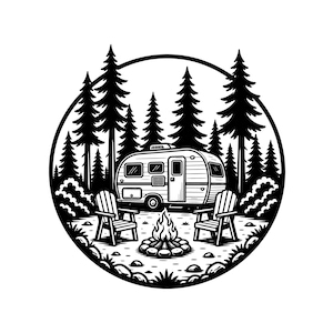 Vektorillustration för husvagn, lägereldsscen, SVG, PNG, JPG, campingclipart, utomhussilhuett, Cricut-konst, tryckdesign, klippfil