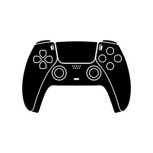 May include: A black and white illustration of a games controller. The controller features a symmetrical design with two analogue sticks, a directional pad, and various buttons. The design is modern and sleek, with a focus on functionality.