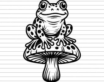 Frog on mushroom vector illustration, svg, png, jpg, art, clipart, silhouette, cute frog, forest scene, whimsical design, cricut design