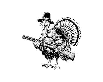 Wild Turkey With Shotgun Vector Illustration, SVG, PNG, JPG, Turkey, Turkey Clipart, Turkey Silhouette, Hunting Turkey Design, Funny Turkey