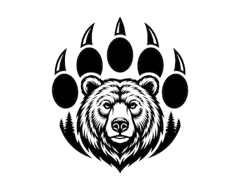 May include: A black and white illustration of a bear's face and paw print. The bear's face is detailed with fur and a prominent nose. The paw print features large pads and sharp claws, with a forest silhouette on each side.