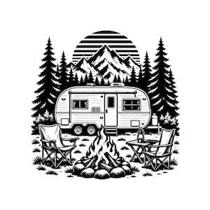 May include: A black and white graphic illustration featuring a vintage travel trailer parked in front of a forest and mountain range. In the foreground, a campfire burns between two folding camping chairs and a small table with a lantern.