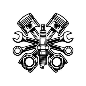 Puede incluir: Ilustración en blanco y negro de herramientas automotrices dispuestas simétricamente. La imagen presenta dos pistones, dos llaves, una bujía y dos bielas, todo en un estilo mecánico detallado.