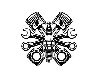 May include: Black and white illustration of automotive tools arranged in a symmetrical design. The image features two pistons, two wrenches, a spark plug, and two connecting rods, all in a detailed, mechanical style.