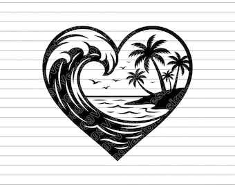 Heart Palm Tree Ocean Wave Vector Illustration, SVG, PNG, JPG, Tropical Beach Art, Summer Vibes, Vacation Mood, Surfing Art, Heart Shaped