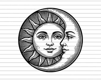 Sun and Moon Face Vector Illustration, SVG, PNG, JPG, Sun and Moon, Sun Moon Clipart, Sun Moon Silhouette, Celestial Design, Cosmic Symbol