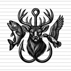 Deer Duck Fish Hook Vector Illustration: Hunting Fishing SVG PNG JPG