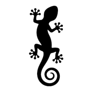 Può includere: Silhouette nera di un geco su sfondo bianco. Il geco è raffigurato in verticale, con il corpo e la coda che formano una forma curva. La coda del geco si arriccia a spirale.
