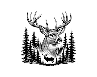 Ilustración vectorial de bosque de ciervos, SVG, PNG, JPG, imágenes prediseñadas de bosque de ciervos, silueta de ciervo, bosque para Cricut, diseño de bosque, bosque, diseño para Cricut