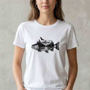 Trout Fish with Mountains Vector Illustration, SVG, PNG, JPG, Trout, Fishing Clipart, Trout Silhouette, Mountain Fish Design, Adventure Art