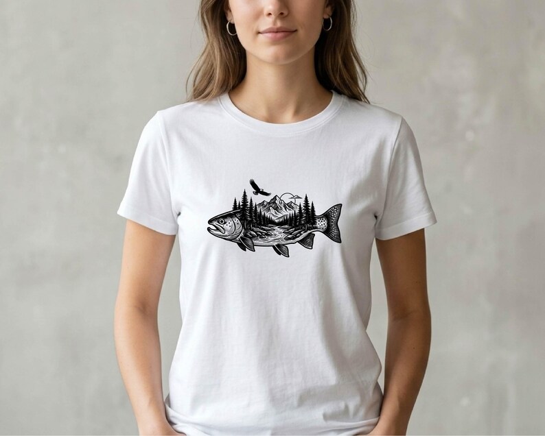 Trout Fish with Mountains Vector Illustration, SVG, PNG, JPG, Trout, Fishing Clipart, Trout Silhouette, Mountain Fish Design, Adventure Art