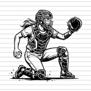 May include: Black and white illustration of a softball catcher in a crouched position, wearing a helmet, chest protector, and leg guards. The catcher is holding a mitt and a softball, ready to catch the ball.