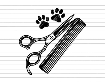 Pet Groomer Tools With Paw Print Vector Illustration, SVG, PNG, JPG, Grooming Tools, Paw Print Clipart, Grooming Silhouette, Pet Care Design