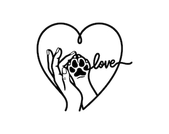 May include: A black line art graphic featuring a heart shape enclosing a human hand holding an animal paw. The word love is written in a cursive script extending from the paw. The design is rendered in a clean, minimalist black and white style.