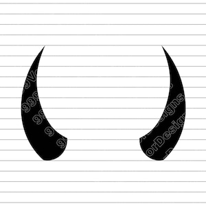 May include: Two black curved horns, likely for a costume or graphic design. The horns are symmetrical and set against a white background with horizontal gray lines.