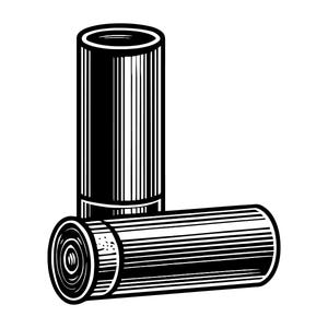 May include: Black and white illustration of two shotgun shells. One shell stands upright, while the other lies horizontally. Both shells have a cylindrical shape with ribbed sides and a detailed base.