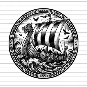Puede incluir: Ilustración en blanco y negro de un barco vikingo navegando en el mar, rodeado de olas y pájaros. El barco tiene una cabeza de dragón en la proa y una vela a rayas. La imagen está enmarcada por un borde circular.