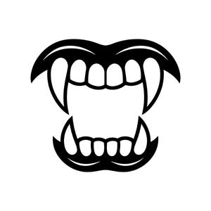 May include: A black and white graphic illustration of an open mouth showing sharp fangs and teeth. The design features a bold, stylized upper and lower jaw with prominent pointed canines, rendered in a clean, high-contrast vector art style.