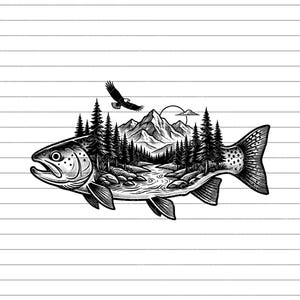 May include: Monochrome illustration of a fish with a mountain and forest scene within its outline. An eagle is depicted flying above. The fish features detailed scales and fins. The landscape includes trees, a river, and mountains.