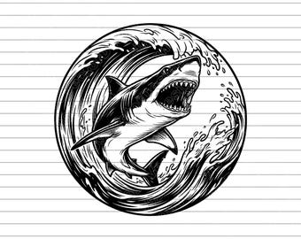 Great Wave Shark Vector Illustration, SVG, PNG, JPG, Shark Art, Shark Clipart, Shark Silhouette, Ocean Wave Design, Sea Creature Graphic