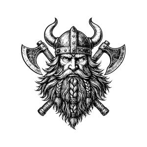 May include: Detailed black and white illustration of a Viking warrior. The image features a stern-faced man with a horned helmet, long braided beard, and two crossed axes. The artwork has a detailed, hand-drawn style.