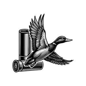 May include: A monochrome illustration featuring a duck in mid-flight, wings outstretched. Two shotgun cartridges are depicted behind the duck. The image is rendered in a detailed, engraved style, set against a white backdrop.