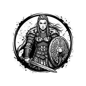 May include: Black and white illustration of a female warrior, encircled by a black splatter design. She is clad in detailed armor, holding a sword and shield with Celtic knotwork. The warrior has braided hair and a determined expression.