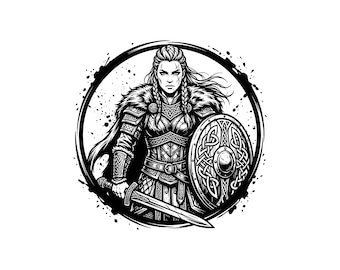 Ilustración vectorial de doncella vikinga, SVG, PNG, JPG, arte vikingo, clipart de mujer guerrera, silueta vikinga, diseño nórdico, vikinga femenina, Cricut