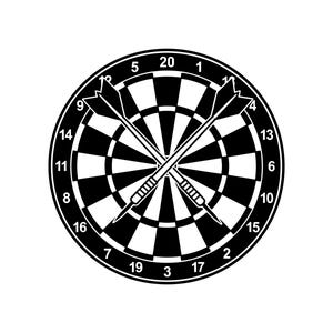 May include: A circular dartboard featuring a black and white alternating wedge pattern with a numbered outer ring from 1 to 20. Two crossed darts are positioned in the center of the board, rendered in a matching black and white graphic style.