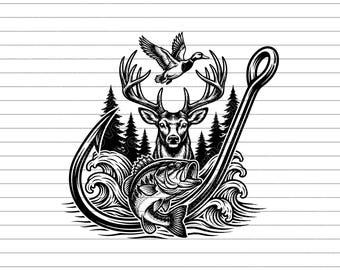 Bass Fishing Deer Hunting Mallard Hunting Vector Illustration, SVG, PNG, JPG, Hunting Art, Fish Deer Duck Clipart, Silhouette, Hunting Lover
